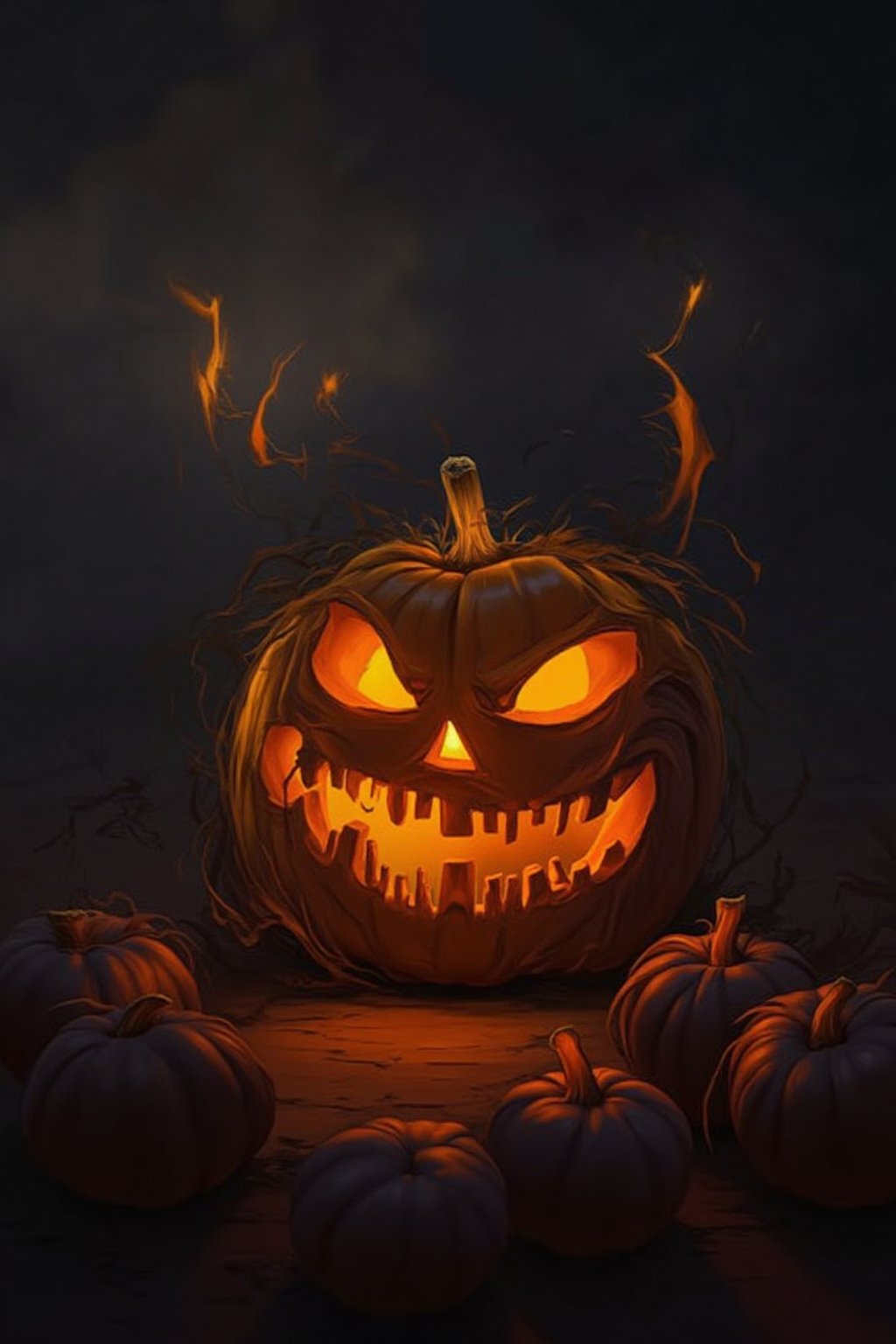 Masterpiece, high quality, illustration, 8k , solo, no humans, glowing, glowing eyes, halloween, monster, jack-o'-lantern,  pumpkin, candle, fire on pumpkin, burning the pumpkin, Halloween2024