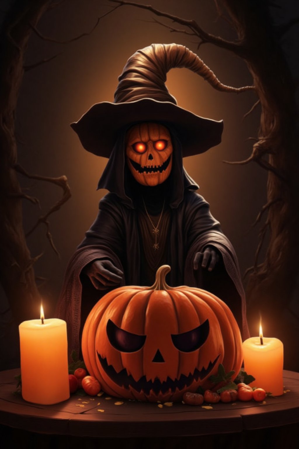 Masterpiece, high quality, illustration, 8k , solo, hat, sitting, no humans, witch hat, halloween, jack-o'-lantern, pumpkin, large candle, Halloween2024