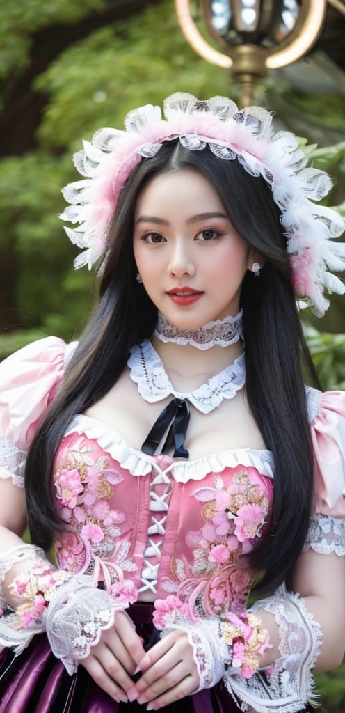 A girl in a vibrant, Baroque-inspired Harajuku Lolita ensemble, embracing an emo theme. She sits majestically, surrounded by lush greenery, with a whimsical, ornate background that complements her dress's intricate lace, pink ruffles, and embroidery. Velvet ribbons adorn the bodice, while ornate buttons and brooches embellish the voluminous skirt, featuring layers of tulle and lace. Her gaze is captivating, as she wears lace gloves, a cameo choker, and a mini top hat adorned with feathers.,Japanese style.,angelawhite,LAURA