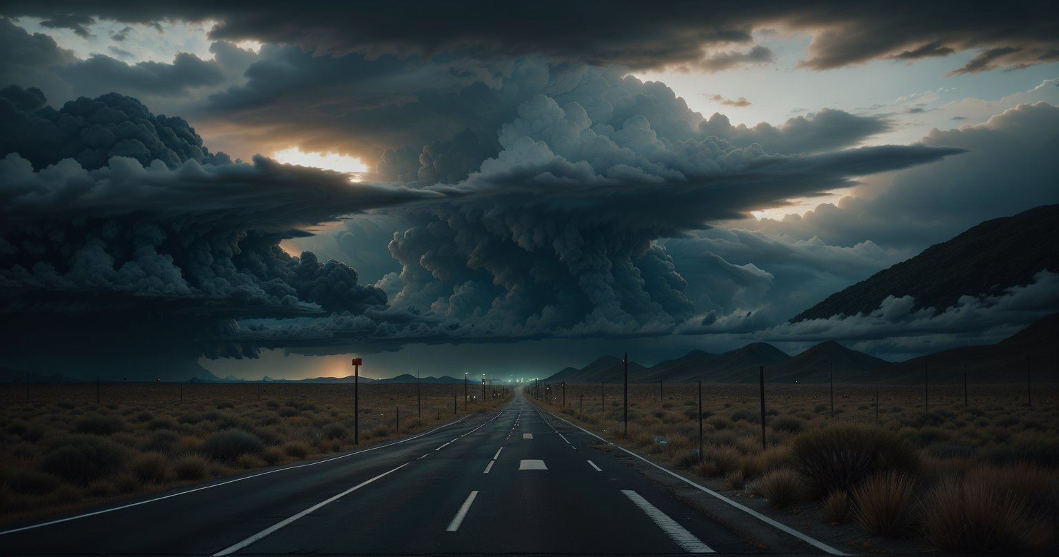 Setting: A desolate crossroads at dusk, with a split road stretching into the distance.
Atmosphere: Dark and ominous. Overcast sky with storm clouds, hinting at impending danger.
Composition:
A solitary figure stands in the middle of the road, facing away from the viewer.
On the left side, a tilted, non-functioning street lamp adds to the bleakness.
On the right side, a faded road sign points diagonally away, its details obscured.
Dry grass fields surround the road, emphasizing desolation.
Color Palette: Moody blues and grays, emphasizing uncertainty and decision-making.