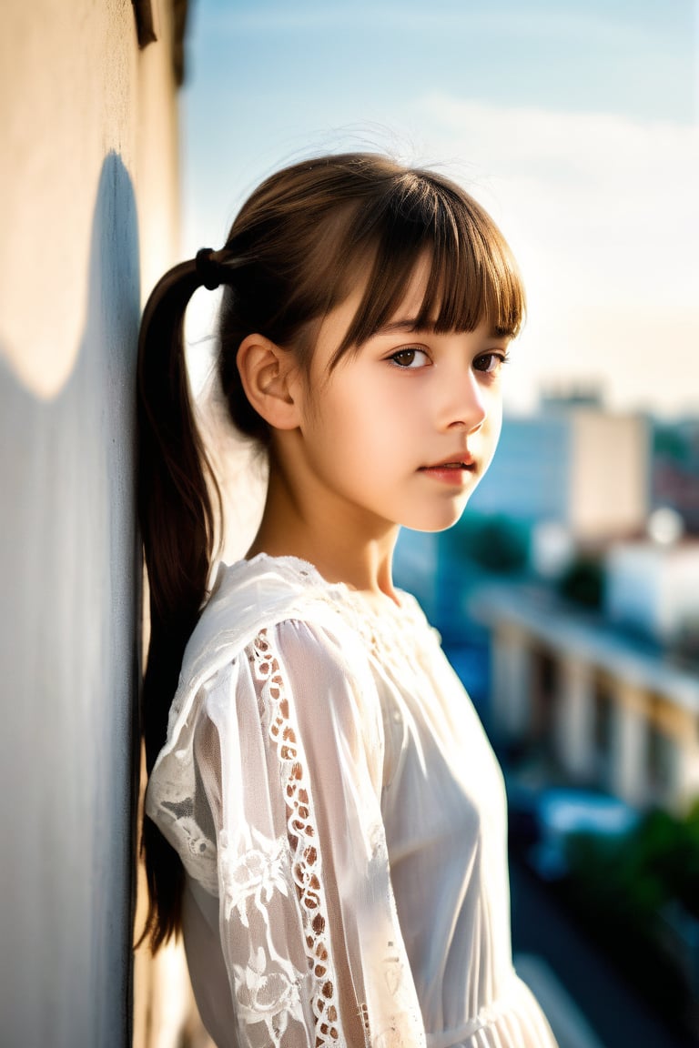 A cute,  small-faced girl in a white lace dress,  a tender moment photographed on top of a building: 1girl A 12-year-old g...