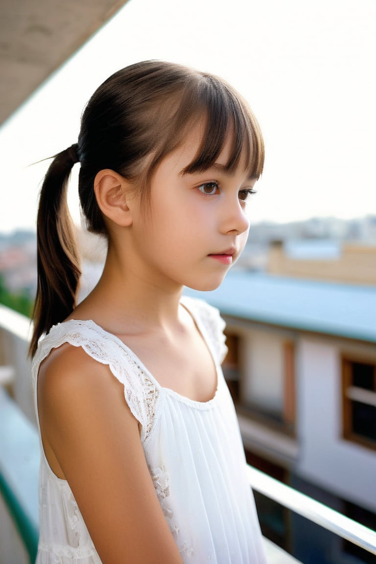 A cute,  small-faced girl in a white lace dress,  a tender moment photographed on top of a building: 1girl A 12-year-old g...
