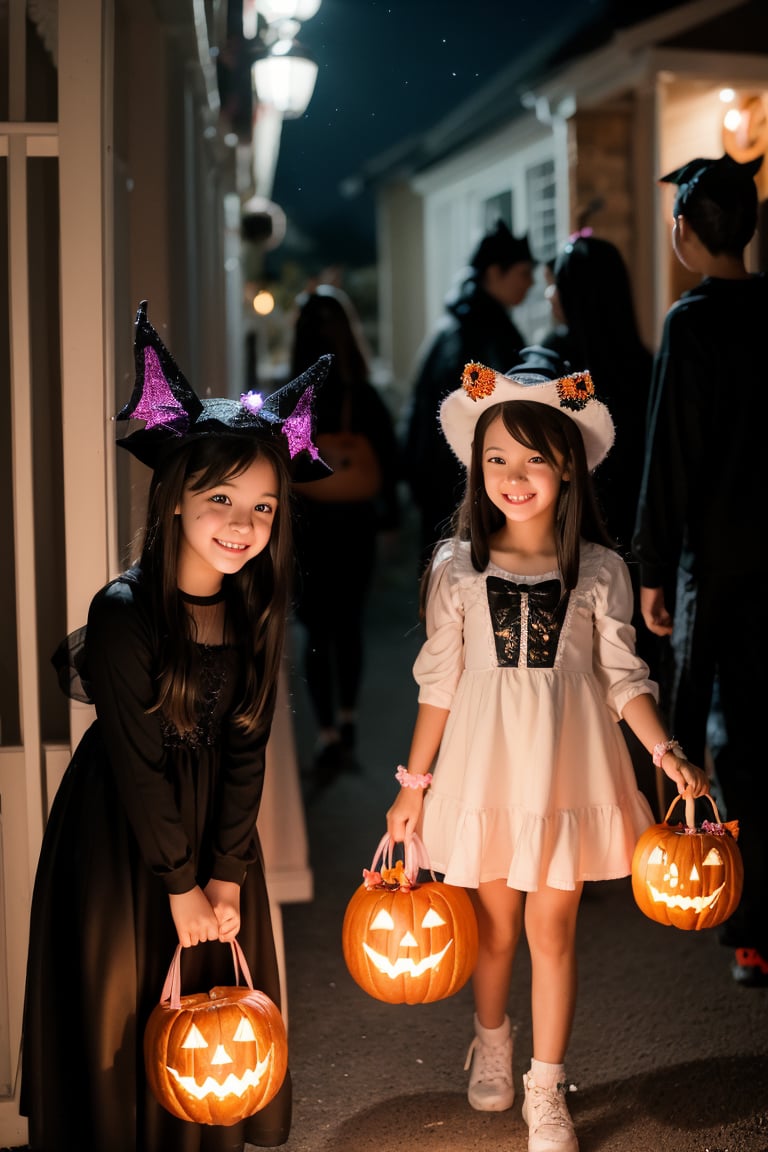 Multiple young girls dressed in Halloween costumes,  gathering at night for a Halloween trick-or-treat. They are visiting...