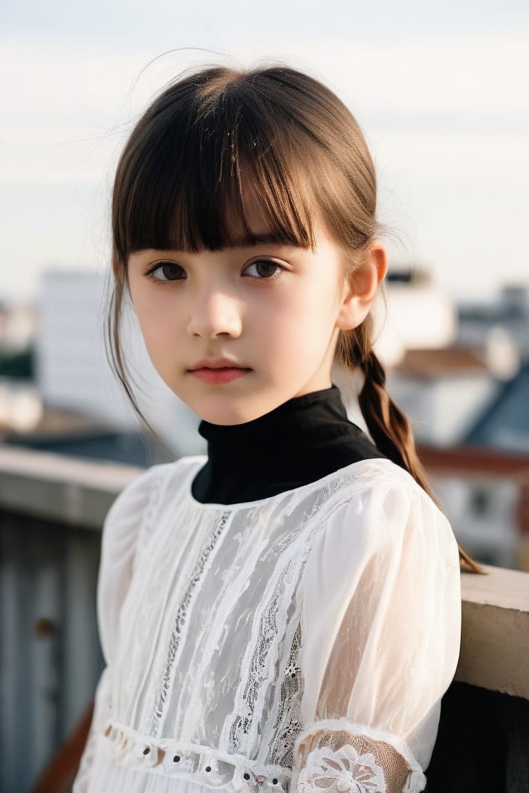 A cute,  small-faced girl in a white lace dress,  a tender moment photographed on top of a building: 1girl A 12-year-old g...