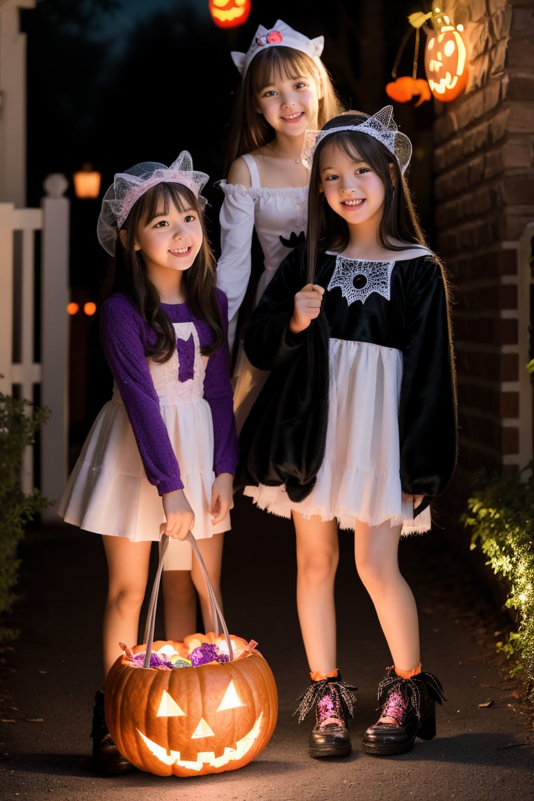 Multiple young girls dressed in Halloween costumes,  gathering at night for a Halloween trick-or-treat. They are visiting...