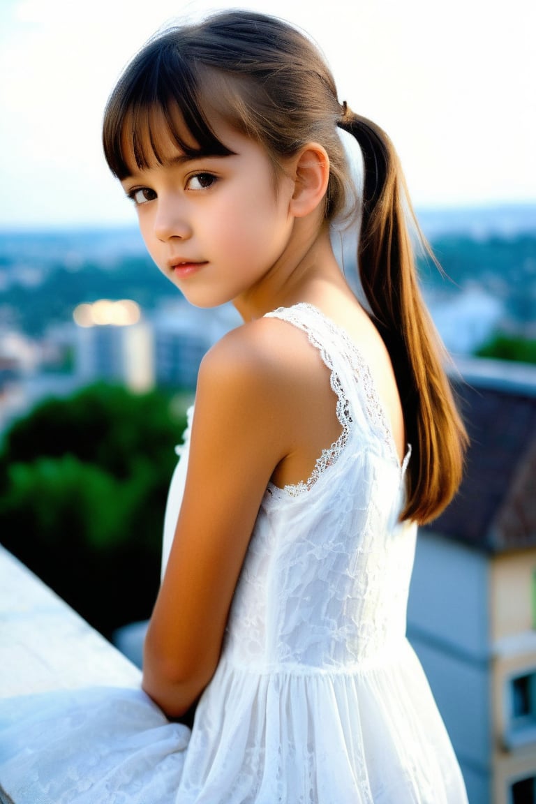 A cute,  small-faced girl in a white lace dress,  a tender moment photographed on top of a building: 1girl A 12-year-old g...