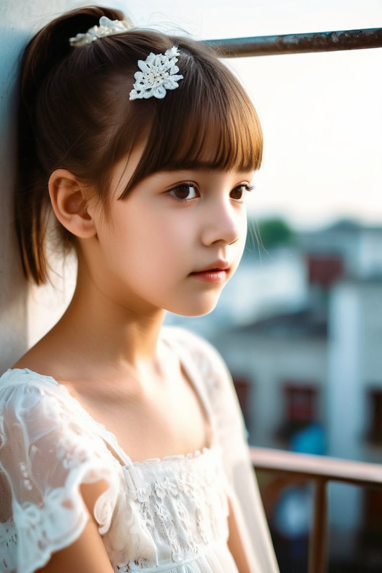 A cute,  small-faced girl in a white lace dress,  a tender moment photographed on top of a building: 1girl A 12-year-old g...