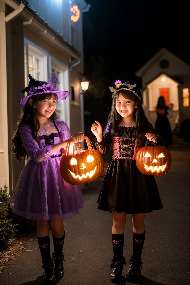 Multiple young girls dressed in Halloween costumes,  gathering at night for a Halloween trick-or-treat. They are visiting...