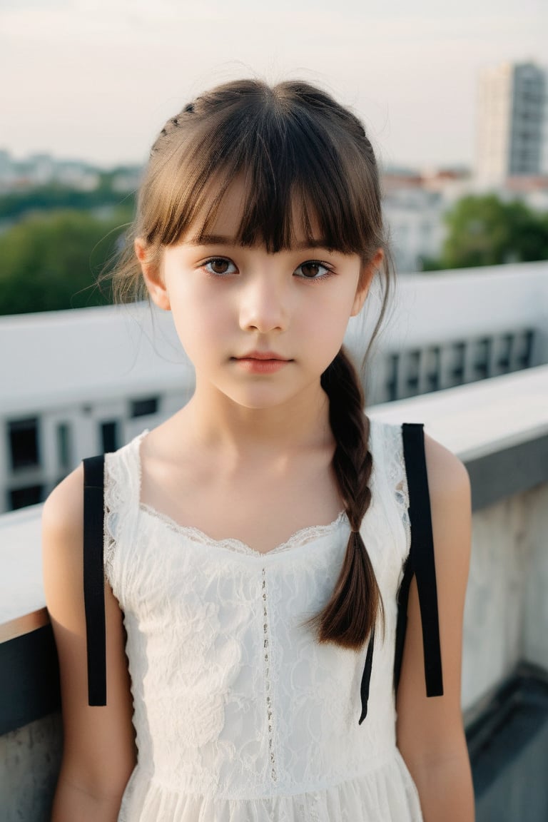 A cute,  small-faced girl in a white lace dress,  a tender moment photographed on top of a building: 1girl A 12-year-old g...