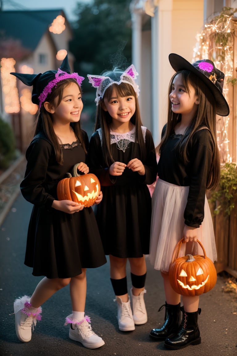 Multiple young girls dressed in Halloween costumes,  gathering at night for a Halloween trick-or-treat. They are visiting...