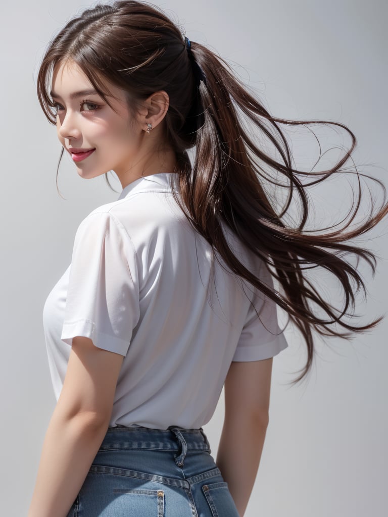 1girl, solo, long hair, looking at viewer, smile, simple background, brown hair, shirt, white background, jewelry, white shirt, earrings, looking back, pants, from behind, denim, jeans, realistic