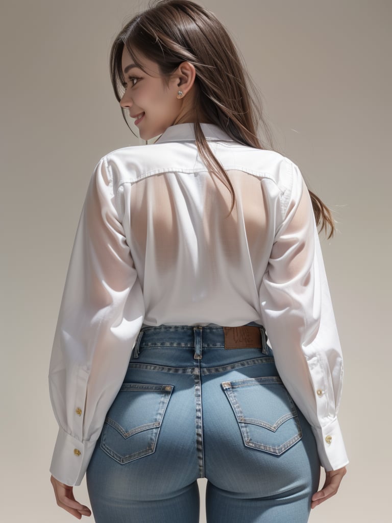 1girl, solo, long hair, looking at viewer, smile, simple background, brown hair, shirt, white background, jewelry, white shirt, earrings, looking back, pants, from behind, denim, jeans, realistic,full body