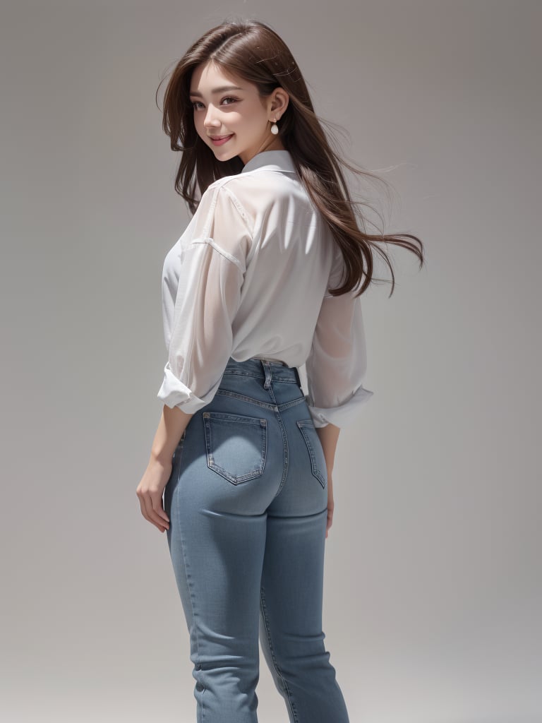 1girl, solo, long hair, looking at viewer, smile, simple background, brown hair, shirt, white background, jewelry, white shirt, earrings, looking back, pants, from behind, denim, jeans, realistic,full body