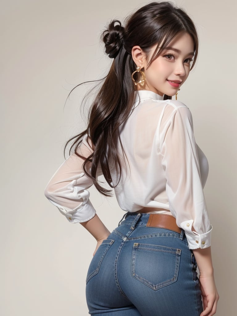 1girl, solo, long hair, looking at viewer, smile, simple background, brown hair, shirt, white background, jewelry, white shirt, earrings, looking back, pants, from behind, denim, jeans, realistic