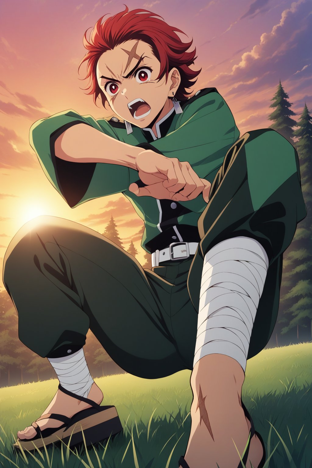 (masterpiece, highest quality, ultra HD anime quality, super high resolution, 1980s/(style), retro, anatomically accurate, perfect anatomy), (tanjirou_kamado), one boy, solo, slightly young, (red hair, short hair, slicked back, messy hair, forehead, red eyes, angry face), radiating murderous intent, scar, scar on face, scar on forehead, (mouth open as if screaming), (piercing, earring, sunrise tag), looking at camera, (Demon Slayer Corps uniform top, Demon Slayer Corps uniform pants, navy blue uniform ), one Japanese sword, (bandages wrapped around both shins), wearing straw sandals, (four fingers and one thumb), (fighting stance, hands on sword hilt, sword worn at waist, low stance, legs spread wide, alone, in grassland), (sunset view, distant forest, large grassland, dim grassland, grass, sunset), (side view, angle from below), score 9, score 8_up, score 7_up, score 6_up,