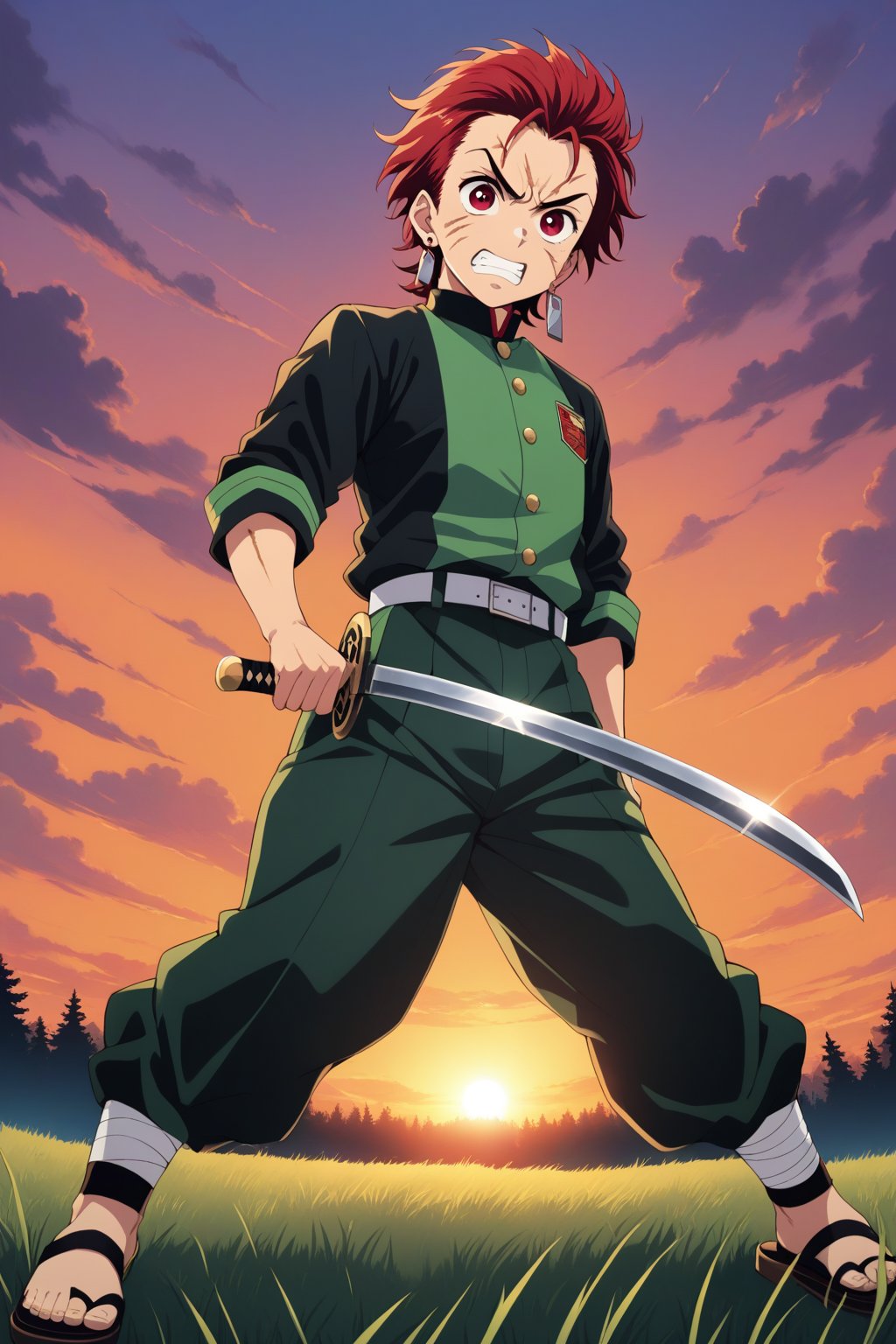 (masterpiece, best quality, ultra HD anime quality, super high resolution, 1980s/(style), retro, anatomically accurate, perfect anatomy), (tanjirou_kamado), one boy, solo, slightly young, (red hair, short hair, slicked back, messy hair, forehead, red eyes, angry face), radiating murderous intent, scar, scar on face, scar on forehead, (mouth open as if screaming), (piercing, earring, morning sun tag), looking at camera, (Demon Slayer Corps uniform top, Demon Slayer Corps uniform pants, navy blue Uniform), Japanese sword, (bandages wrapped around both shins), wearing straw sandals, (four fingers and one thumb), (fighting stance, hands on sword hilt, sword worn at waist, low stance, legs spread wide, alone, in grassland), (sunset view, distant forest, prairie, dim grassland, grass, sunset), (side view, angle from below), score 9, score 8_up, score 7_up, score 6_up,