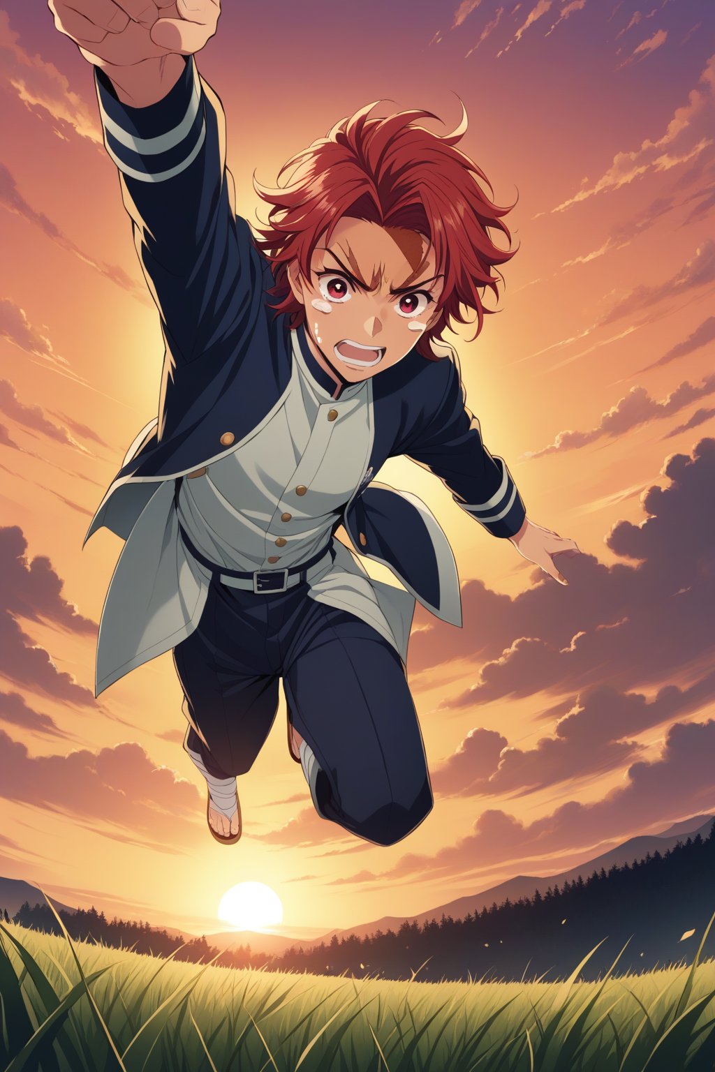 (masterpiece, best quality, ultra HD anime quality, super high resolution, 1980s /(Style), Retro, Anatomically Correct, Perfect Anatomy), (tanjirou_kamado), One boy, Solo, (Red hair, Short hair, Upswept bangs, Messy hair, Forehead, Red eyes, Crying face), Tears, Tears scattered, Scar, Scar on face, Scar on forehead, (Mouth slightly open), (Ear accessory, Sunrise tag), Looking at camera, (Demon Slayer uniform top, Demon Slayer uniform pants, Navy blue uniform), (Bandages wrapped around both feet), Wearing straw sandals, (Four fingers and one thumb), (Chasing, Running, One hand stretched straight out, Five fingers spread, One hand pointing to the ground, Legs spread wide, In a grassland), (Sunset view, Distant forest, Large grassland, Dim grassland, Grass, Sunset), (Side view, Angle from below), Score 9, Score 8_up, Score 7_up, Score 6_up,