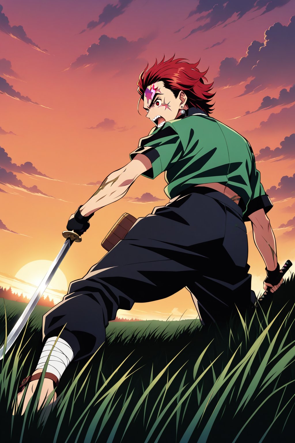 (masterpiece, highest quality, ultra HD anime quality, super high resolution, 1980s/(style), retro, anatomically accurate, perfect anatomy), (tanjirou_kamado), one boy, solo, slightly young, (red hair, short hair, slicked back, messy hair, forehead, red eyes, angry face), radiating murderous intent, scar, scar on face, scar on forehead, (mouth open as if screaming), (piercing, earring, sunrise tag), looking at camera, (Demon Slayer Corps uniform top, Demon Slayer Corps uniform pants, navy blue uniform ), one Japanese sword, (bandages wrapped around both shins), wearing straw sandals, (four fingers and one thumb), (fighting stance, hands on sword hilt, sword worn at waist, low stance, legs spread wide, alone, in grassland), (sunset view, distant forest, large grassland, dim grassland, grass, sunset), (side view, angle from below), score 9, score 8_up, score 7_up, score 6_up,