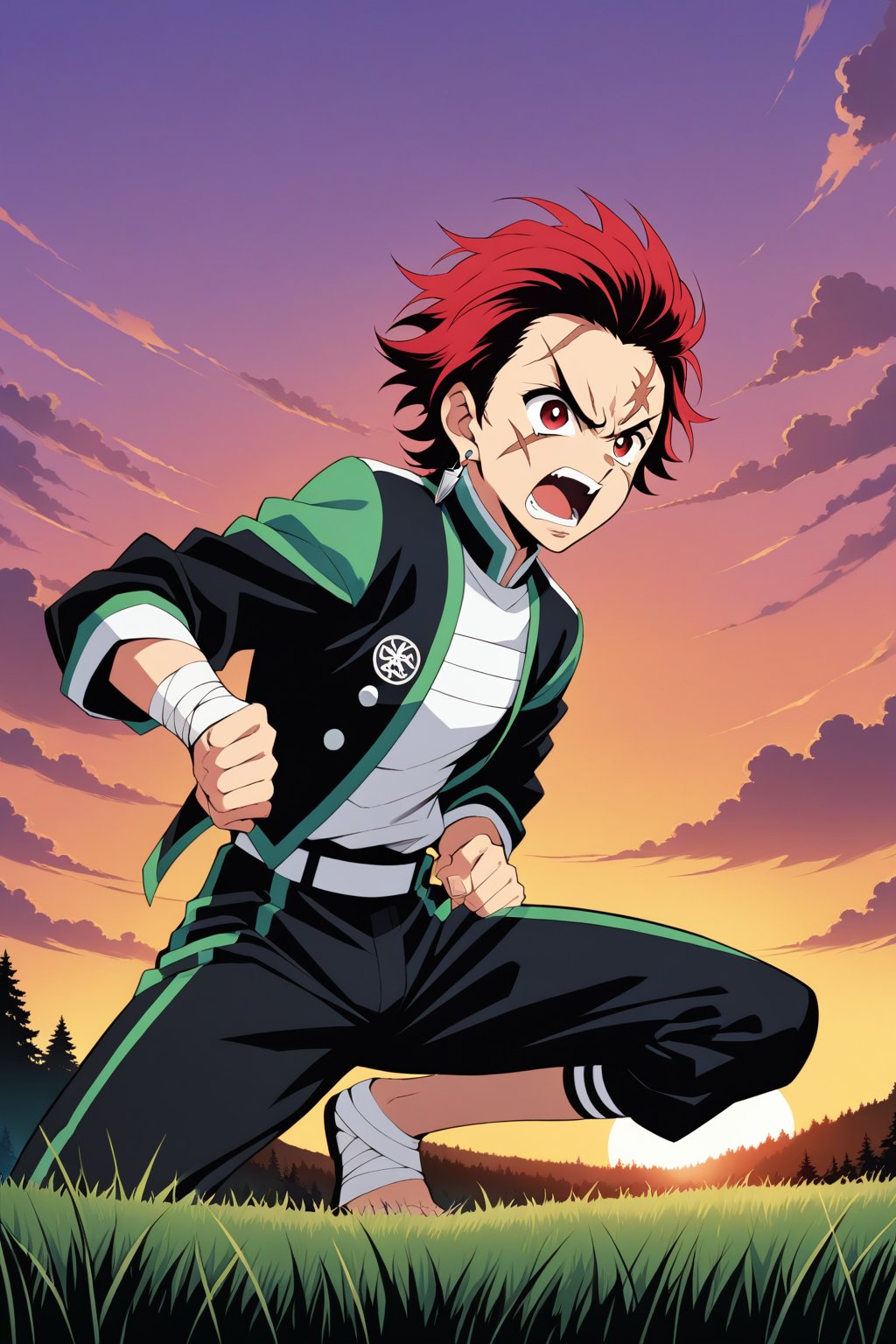 (masterpiece, highest quality, ultra HD anime quality, super high resolution, 1980s/(style), retro, anatomically accurate, perfect anatomy), (tanjirou_kamado), one boy, solo, slightly young, (red hair, short hair, slicked back, messy hair, forehead, red eyes, angry face), radiating murderous intent, scar, scar on face, scar on forehead, (mouth open as if screaming), (piercing, earring, sunrise tag), looking at camera, (Demon Slayer Corps uniform top, Demon Slayer Corps uniform pants, navy blue uniform ), one Japanese sword, (bandages wrapped around both shins), wearing straw sandals, (four fingers and one thumb), (fighting stance, hands on sword hilt, sword worn at waist, low stance, legs spread wide, alone, in grassland), (sunset view, distant forest, large grassland, dim grassland, grass, sunset), (side view, angle from below), score 9, score 8_up, score 7_up, score 6_up,