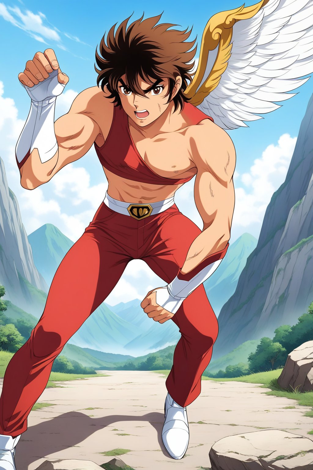 (masterpiece, best quality, ultra HD anime quality, super high resolution, 1980s/(style), retro, anatomically accurate, perfect anatomy), (front, bottom angle), looking at the camera, (Seiya Pegasus, male, (Pegasus cloth, slightly damaged)), 1 male, solo, brown hair, short hair, bangs between eyes, messy hair, brown eyes, angry face, scratch on cheek), heavy breathing, excited, (red underwear, tattered, red underwear pants, tattered), (fighting stance, standing stance, low stance, legs wide apart, one foot forward), (mountain scenery, mountain path, barren land, large rocks, cliff), score_9, score_8_up, score_7_up, score_6_up,Seiya Pegasus,Anime, score_9_up,Retro,SDXL