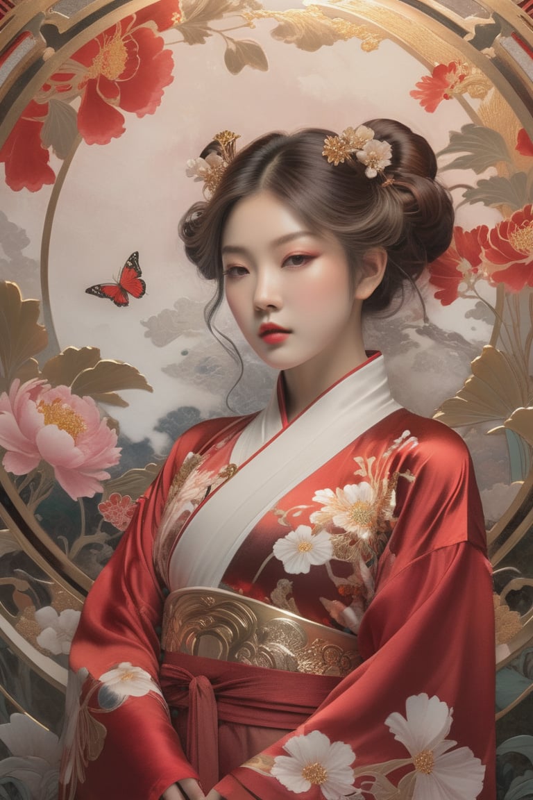 A girl, asian, wearing deep red hanfu, peony garden, butterfly, (negative space:1.4), fusion of art nouveau styles with gongbi painting, gold and white and red hue, Mucha style, (Cinematic lighting, ethereal light, intricate details, extremely detailed, incredible details, full colored), complex details, hyper maximalist, gorgeous light and shadow, detailed decoration, detailed lines. masterpiece, best quality, HDR, UHD, unreal engine. looking at the camera, fair skin, beautiful face,Colors