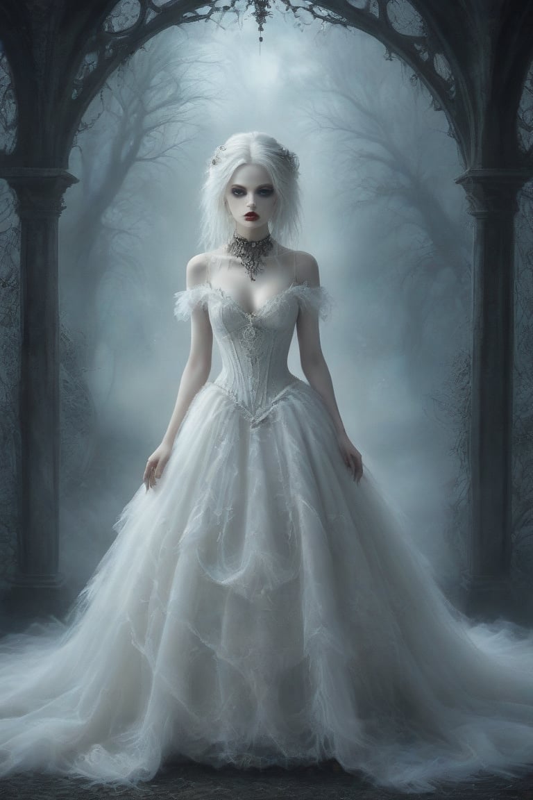 A hauntingly beautiful gothic individual, dressed in white elegance, adorns the foreground of a mystical, fractal-inspired landscape. Vibrant, swirling colors dance across the background, as if echoing the subject's melancholic mood. The goth person's morbid beauty is captured in a sketchy, illustrative style, with bold lines and expressive shading.