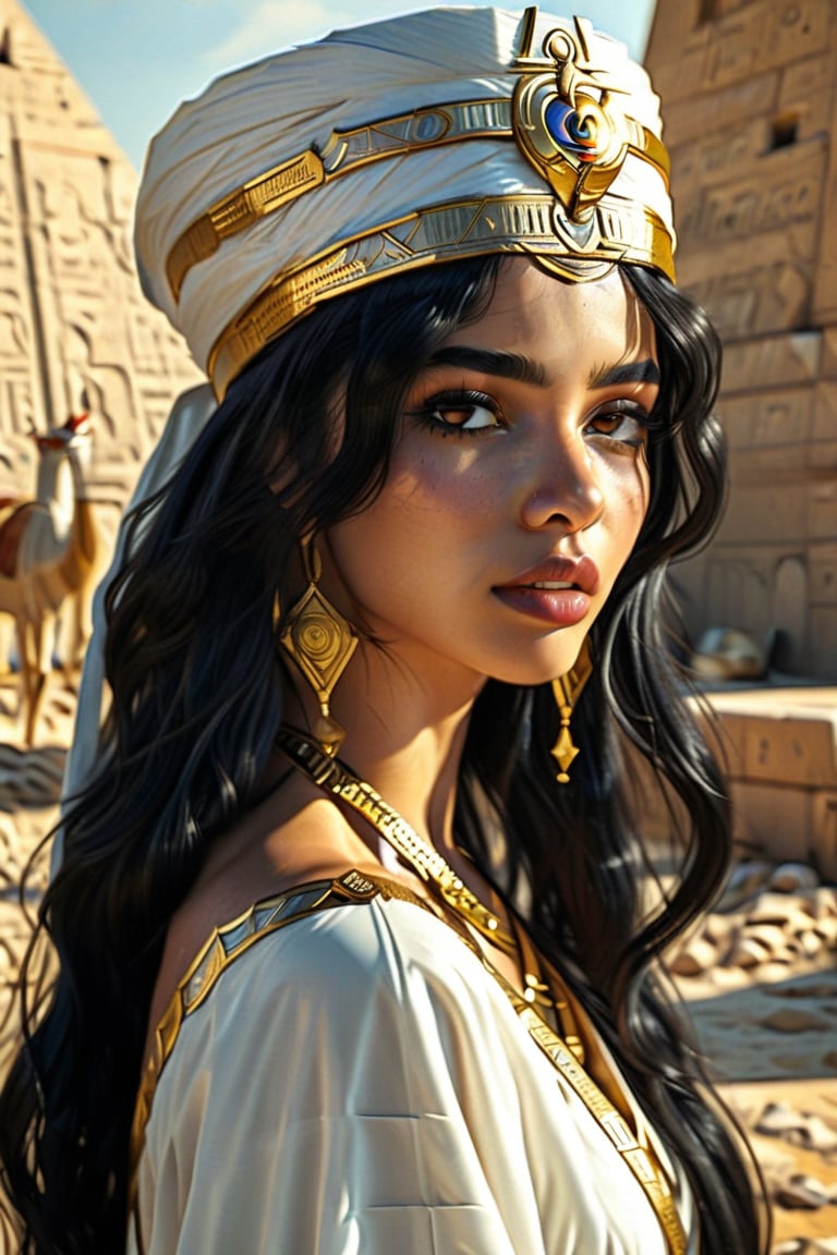 Aisha Malik, the Radiance of Egypt . PROMPT: "4K reality style quality, photo drawingmode, Egypt-themed reality female character, long jet-black hair styled in a sleek bob with gold accessories, deep brown almond-shaped eyes lined with kohl, wearing a traditional white linen dress with gold jewelry, standing in front of ancient pyramids with the Nile River in the background, holding an ankh symbol in one hand, radiant skin, mysterious and wise expression, full body, dynamic pose, life size, perfect anatomy, detailed skin texture, full HD, 4K, HDR, perfect anatomy, depth of field."