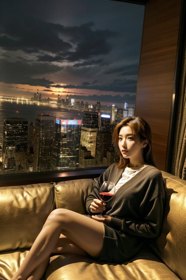 Interior of a New York penthouse. Maximalist interior design, with a view of the city skyline. A gorgeous korean lady sitting on sofa and enjoy her wine
