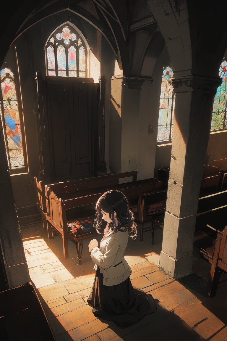 1 girl pray in a old chapel , the sky open and  beautiful light come from above, peaceful and joyful.