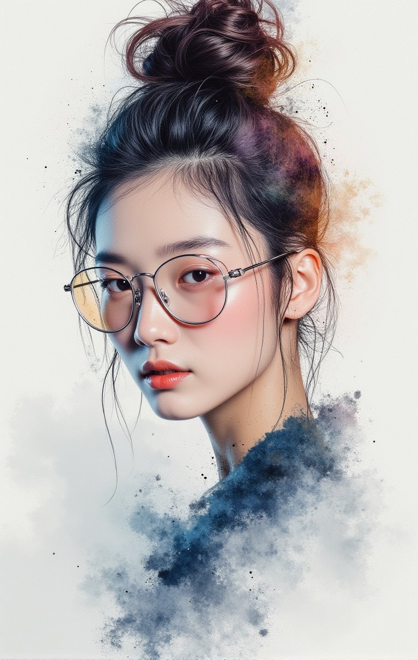 A watercolor sketch of a young Korean lady assumes a dramatic pose, her calm expression a stark contrast to the energetic brushstrokes that define her features. Large round glasses perched on the bridge of her nose, hair tied in a messy bun. Foggy grey background envelops her, softening the mood. Sketch lines and unfinished elements give the artwork a dynamic, rough quality. Pastel hues dominate the color palette, exuding serenity and contemplation as she stands poised, lost in thought.,Details,skin texture,Details 