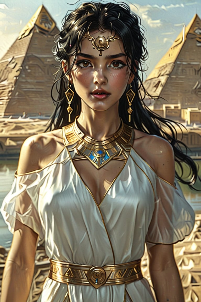 Aisha Malik, the Radiance of Egypt
.
.
PROMPT: "4K anime style quality, digital drawing mode, Egypt-themed anime female character, long jet-black hair styled in a sleek bob with gold accessories, deep brown almond-shaped eyes lined with kohl, wearing a traditional white linen dress with gold jewelry, standing in front of ancient pyramids with the Nile River in the background, holding an ankh symbol in one hand, radiant skin, mysterious and wise expression, full body, dynamic pose, life size, perfect anatomy, detailed skin texture, full HD, 4K, HDR, perfect anatomy, depth of field."