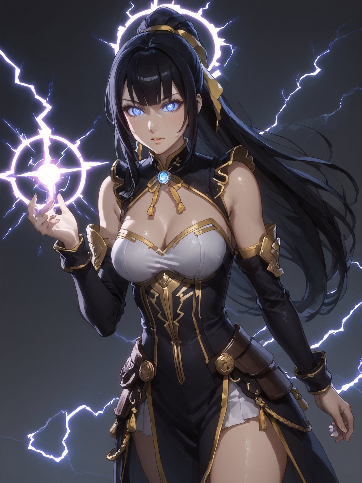 
1girl, solo,narberal gamma \, long hair, black hair, glay eyes,

lightning magic charging, glowing magical runes, electric magic, lightning, 