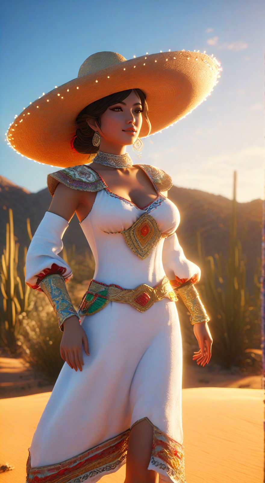 mexico, pepper party, hat, desert, beautiful sunlight, amazing details, unreal engine 5, ultra HD, 8k, intricate, masterpiece, manga