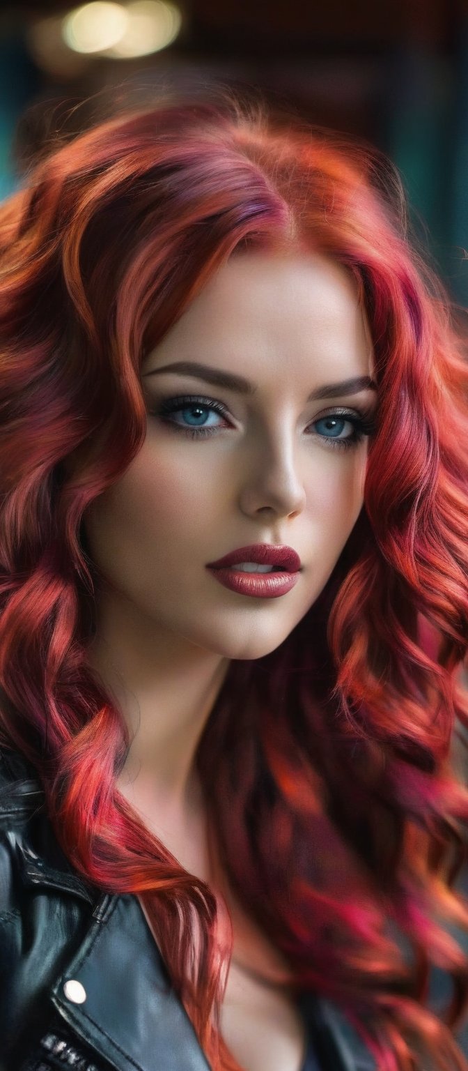 Generate hyper realistic image of a woman with long, curly red hair cascading down her back. She is wearing a black leather jacket with a zipper on the right side of the jacket. Her large breasts slightly accentuate the jacket's fit. Her lips are painted a deep red, contrasting with her pale skin, and her eyes are a piercing blue that stand out against her vibrant hair. She is looking directly at the viewer with a slight smile. The background is blurred, putting a soft focus on the woman.