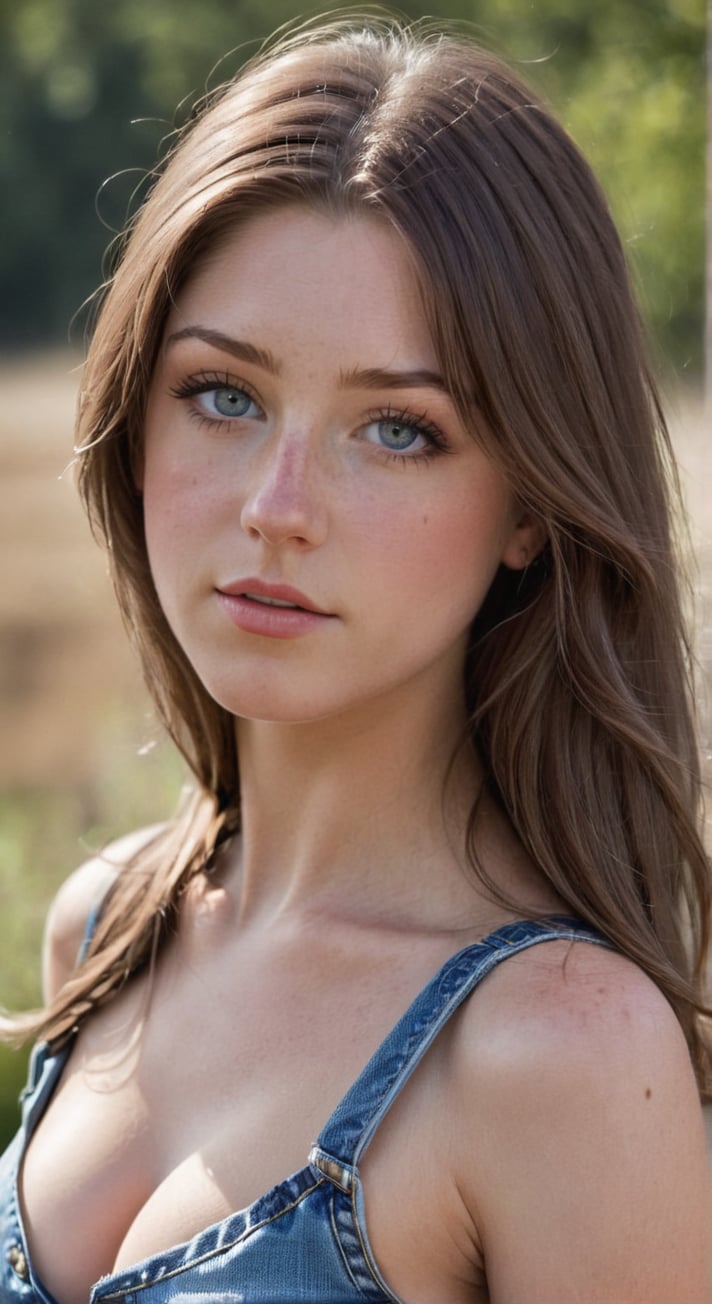 1girl, solo, long hair, breasts, looking at viewer, blue eyes, brown hair, cleavage, bare shoulders, medium breasts, upper body, outdoors, parted lips, sleeveless, day, blurry, lips, blurry background, denim, freckles, realistic