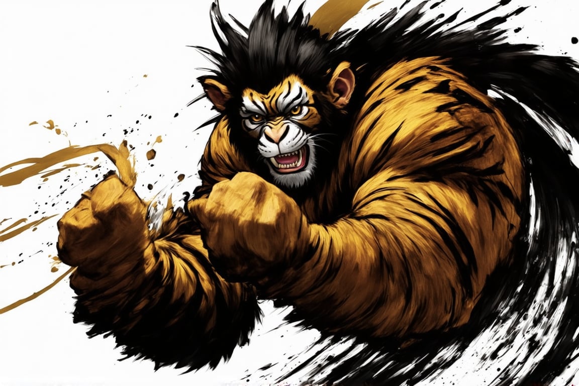 A close-up shot of the tiger King's powerful fist as it unleashes a swift and precise punch. The camera is positioned directly in front of the protagonist, capturing the intensity of his gaze and the determined expression on his face. The lighting is dimly lit, with a hint of golden glow emanating from the surrounding environment. The composition is tight, focusing solely on the Monkey King's fist and the impact it makes as it connects with its target. In this moment, the Monkey King is the epitome of a fighting champion.,douqi,Ink splashes,illustration,bold lines,dynamic pose