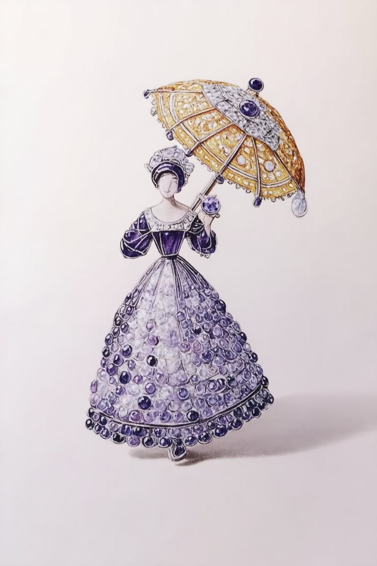 jewelry design,sketch,watercolor,hand-drawn, a close-up shot of an intricate jewelry brooch, featuring a silhouetted medieval European lady holding a ornate parasol. The brooch's surface is adorned with opulent gemstones, including diamonds and sapphires, that catch the soft golden light. The subject's delicate features are rendered in exquisite detail, with the parasol's intricate latticework adding a touch of whimsy to the overall design.