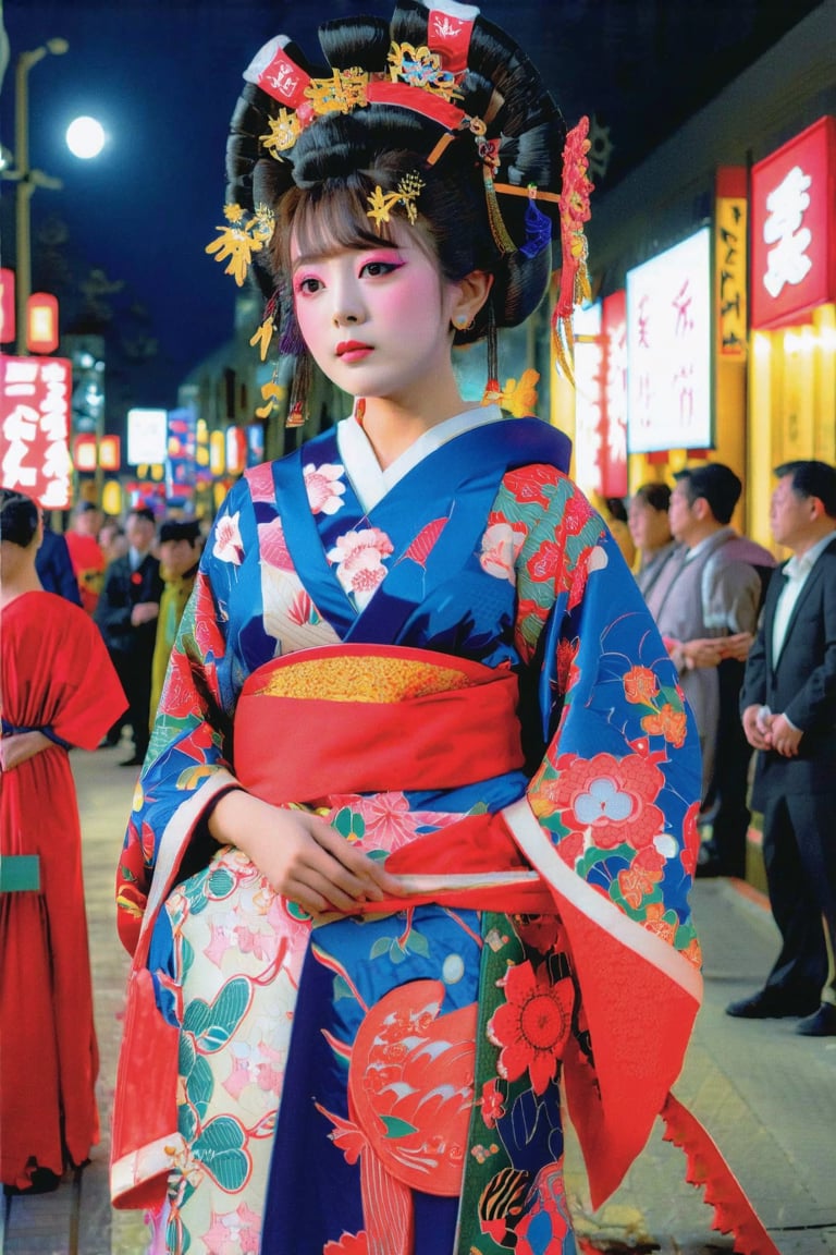 1girl, huakui, During the oiran parade in Japan's Edo period, a beautiful girl, wearing a gorgeous kimono, walked on the brightly lit streets. The people around her stopped to watch, and their eyes were attracted to this beautiful oiran. The transparent There is a round moon in the starry sky, gently spreading the moonlight to the world