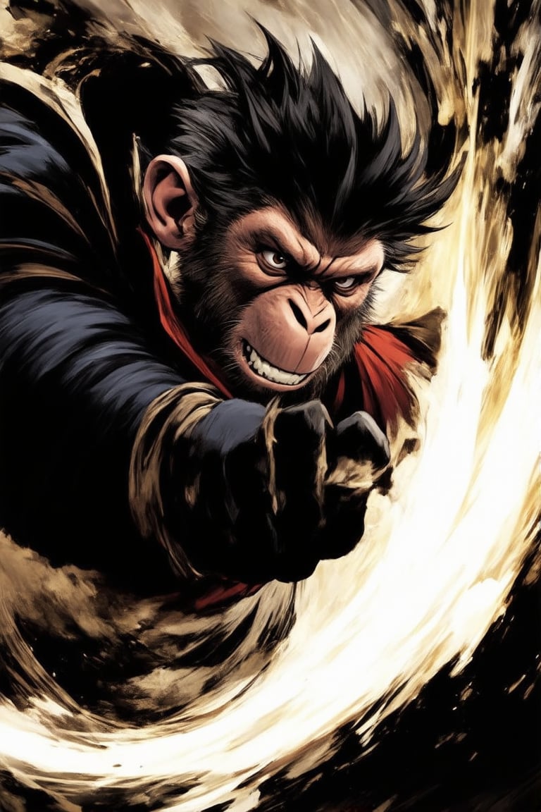 A close-up shot of the Monkey King's powerful fist as it unleashes a swift and precise punch. The camera is positioned directly in front of the protagonist, capturing the intensity of his gaze and the determined expression on his face. The lighting is dimly lit, with a hint of golden glow emanating from the surrounding environment. The composition is tight, focusing solely on the Monkey King's fist and the impact it makes as it connects with its target. In this moment, the Monkey King is the epitome of a fighting champion.,douqi,Ink splashes,illustration,bold lines,dynamic pose