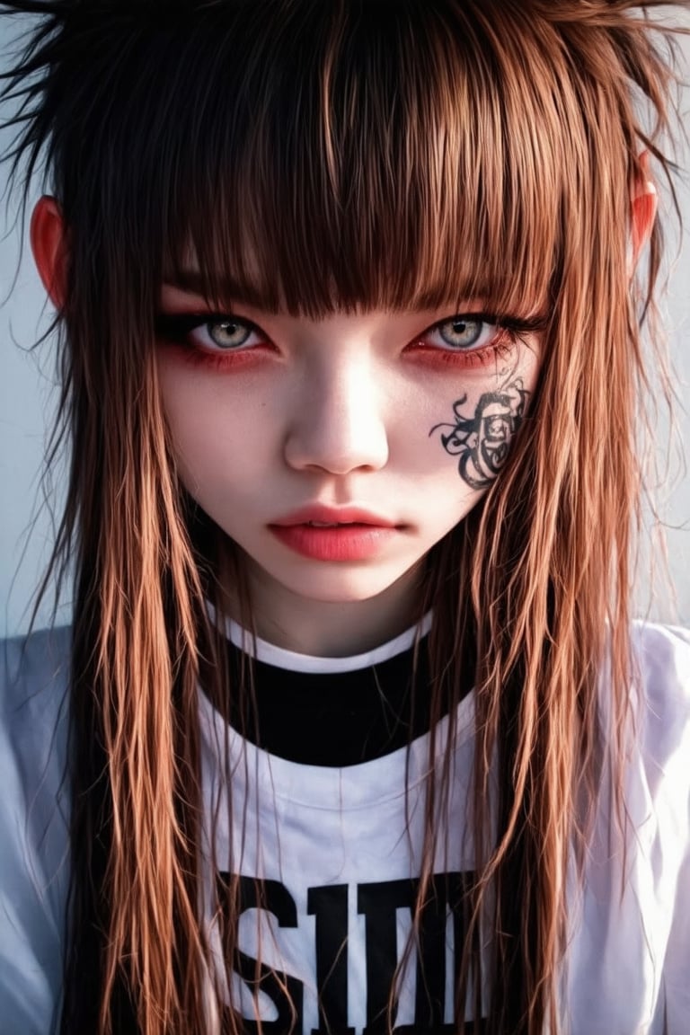 punkgg,A moody, close-up portrait of a Japanese female high school student with a rebellious vibe, showcasing her brown-red dreadlocks in a tangled, effortless style. The subject's eyes are cast downward, exuding a mix of sadness and defiance. Soft, warm lighting enhances the textured locks, while the out-of-focus background adds depth to the intimate composition.,piercing,make_up,punk,jewerlry,tattoo