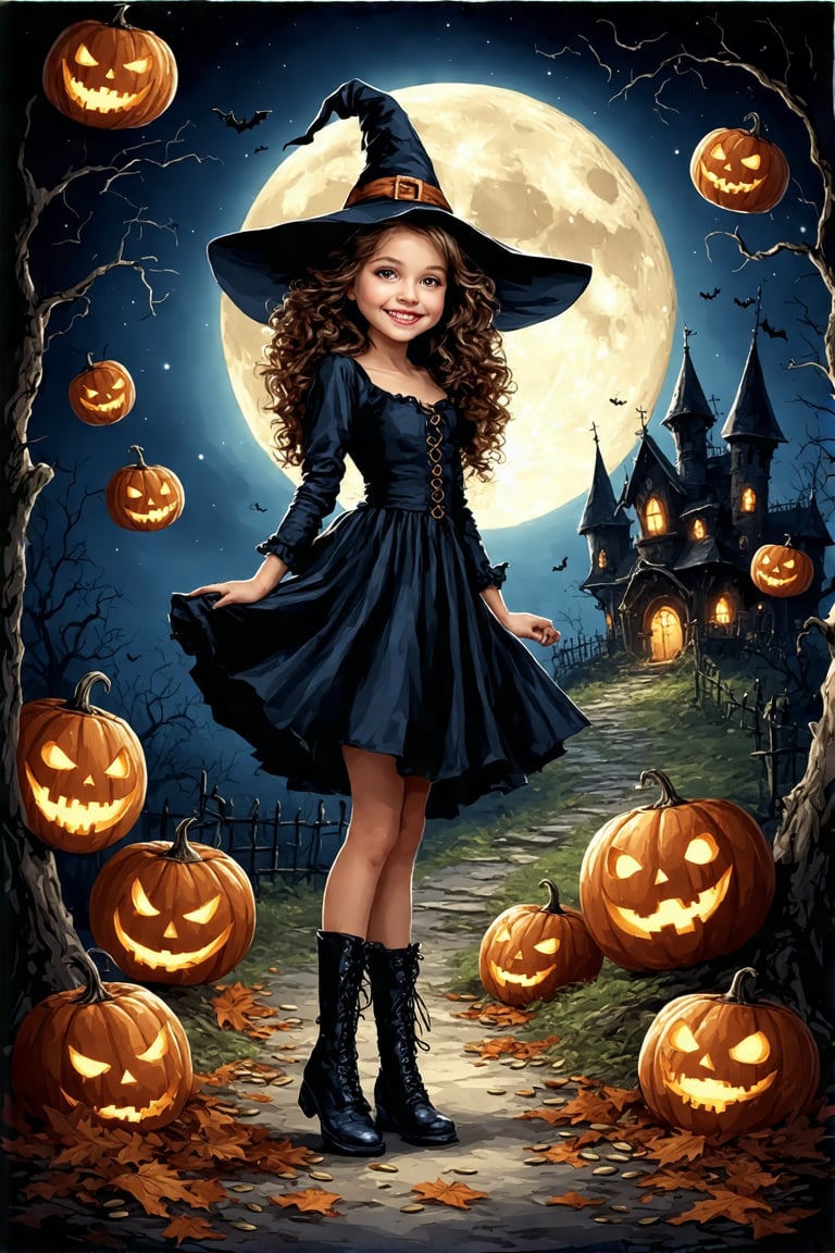 a young witch with a round face, large eyes, and a wide smile, exuding a sense of excitement. She wears a classic black witch costume with a pointed hat, a long, flowing dress, and knee-high black boots. Her hair is styled in loose, wavy curls that cascade around her shoulders,Surrounding her are numerous glowing jack-o'-lanterns, each with a menacing, grinning face carved into the orange flesh. These pumpkins are suspended in mid-air, adding to the whimsical and spooky atmosphere. The background features a dark, starry night sky with a large, glowing full moon casting a soft, eerie light. The moonlight illuminates the scene, highlighting the witch's costume and the pumpkins' glowing eyes,In the distance, a dilapidated, spooky castle with turrets and a winding path can be seen, adding to the Halloween theme. The ground is littered with fallen leaves and pumpkin seeds, enhancing the autumnal feel. The overall mood is festive and slightly eerie, capturing the essence of Halloween night.