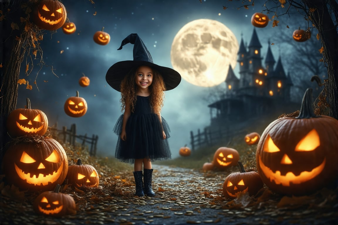 a young witch with a round face, large eyes, and a wide smile, exuding a sense of excitement. She wears a classic black witch costume with a pointed hat, a long, flowing dress, and knee-high black boots. Her hair is styled in loose, wavy curls that cascade around her shoulders.

Surrounding her are numerous glowing jack-o'-lanterns, each with a menacing, grinning face carved into the orange flesh. These pumpkins are suspended in mid-air, adding to the whimsical and spooky atmosphere. The background features a dark, starry night sky with a large, glowing full moon casting a soft, eerie light. The moonlight illuminates the scene, highlighting the witch's costume and the pumpkins' glowing eyes.

In the distance, a dilapidated, spooky castle with turrets and a winding path can be seen, adding to the Halloween theme. The ground is littered with fallen leaves and pumpkin seeds, enhancing the autumnal feel. The overall mood is festive and slightly eerie, capturing the essence of Halloween night.