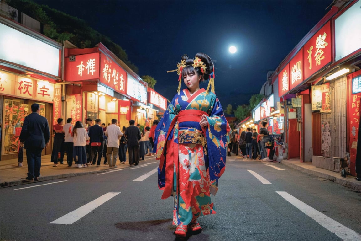 1girl, huakui Wide-angle lens ,During the oiran parade in Japan's Edo period, a beautiful girl, wearing a gorgeous kimono, walked on the brightly lit streets. The people around her stopped to watch, and their eyes were attracted to this beautiful oiran. The transparent There is a round moon in the starry sky, gently spreading the moonlight to the world