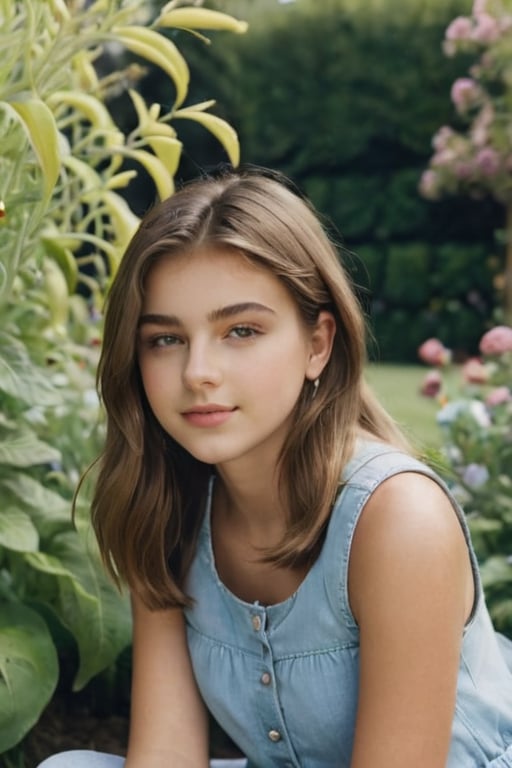 18-year girl sitting in garden , close up shot
