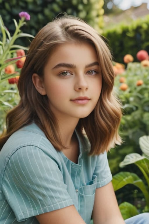 18-year girl sitting in garden , close up shot
