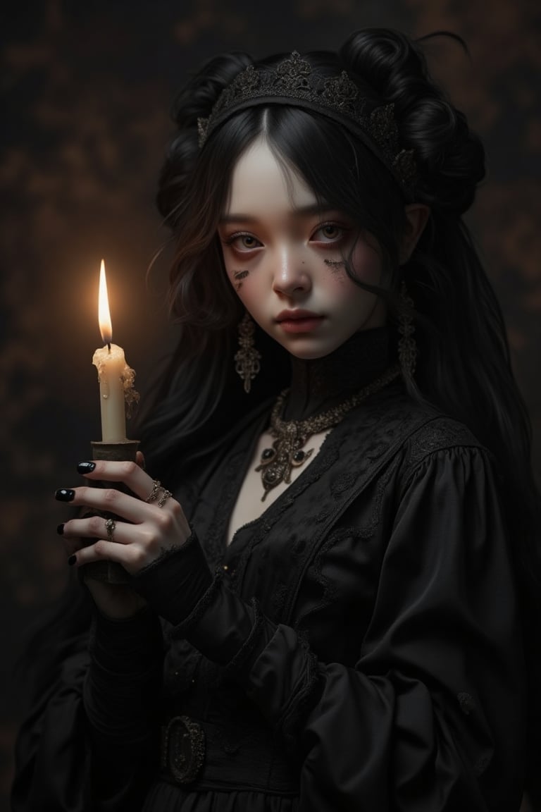 1girl(21 year old, cute, sexy, long black hair girl, wearing a black lavishly detailed victorian gown, mascara, holding a lit candle with wax dripping onto her hand) high resolution,  detailed skin,  detailed eyes,  8k uhd,  dslr,  high quality, chromatic_background