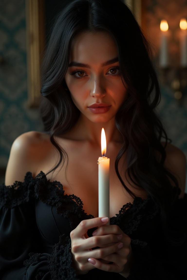 1girl(21 year old, cute, sexy, long black hair girl, wearing a black lavishly detailed victorian gown, mascara, holding a lit candle with wax dripping onto her hand) high resolution,  detailed skin,  detailed eyes,  8k uhd,  dslr,  high quality, chromatic_background