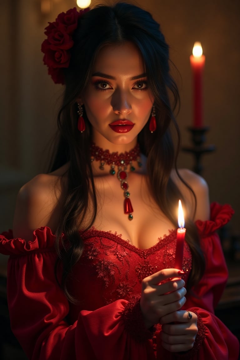 1girl(21 year old, cute, sexy, long black hair girl, wearing a red lavishly detailed victorian gown, mascara, holding a lit candle with wax dripping onto her hand) high resolution,  detailed skin,  detailed eyes,  8k uhd,  dslr,  high quality, chromatic_background