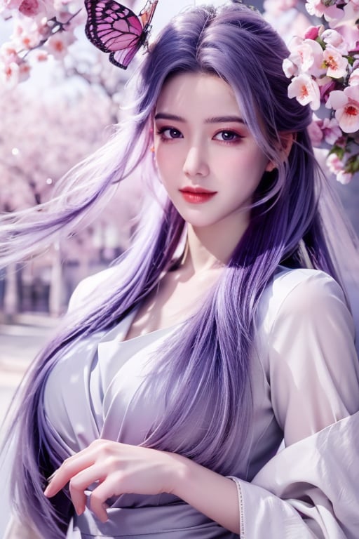 (masterpiece, best quality:1.2), highres, extremely detailed, 1 girl, purple hair, eye highlights,Red Long Ling Dress, frills, outdoors, flower, fluttering petals, whole body, depth of field,pastel color, Depth of field,stream,shiny,flowers, garden, 1girl, butterfly style, butterflies, ultra detailed, glary,Light, light particles,glitter,reflect,Xyunxiao,sky_moon