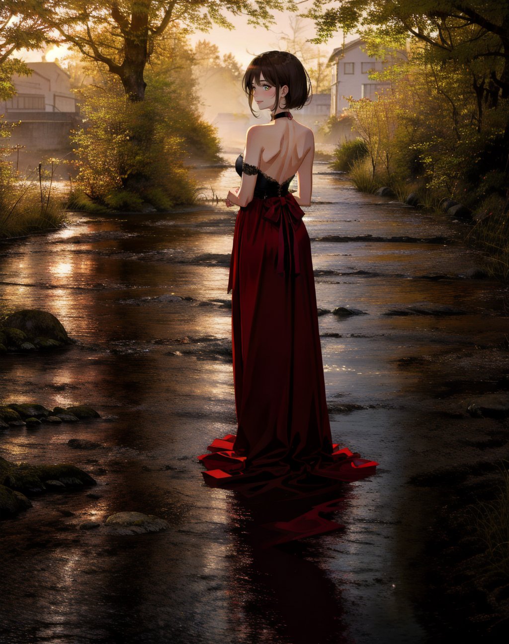 a beautiful young girl stands in a courtyard at dusk. She wears a strapless sleeveless maroon form-fitting satin evening gown and choker, gazing upward wistfully. Her arms are bare. She is viewed from behind, looking back over her shoulder.